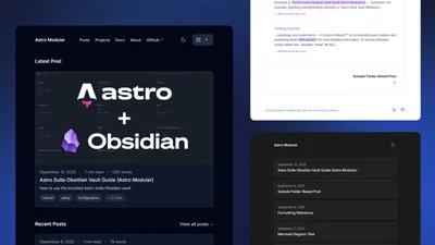 Astro Modular preview, showing different theme and layout options.